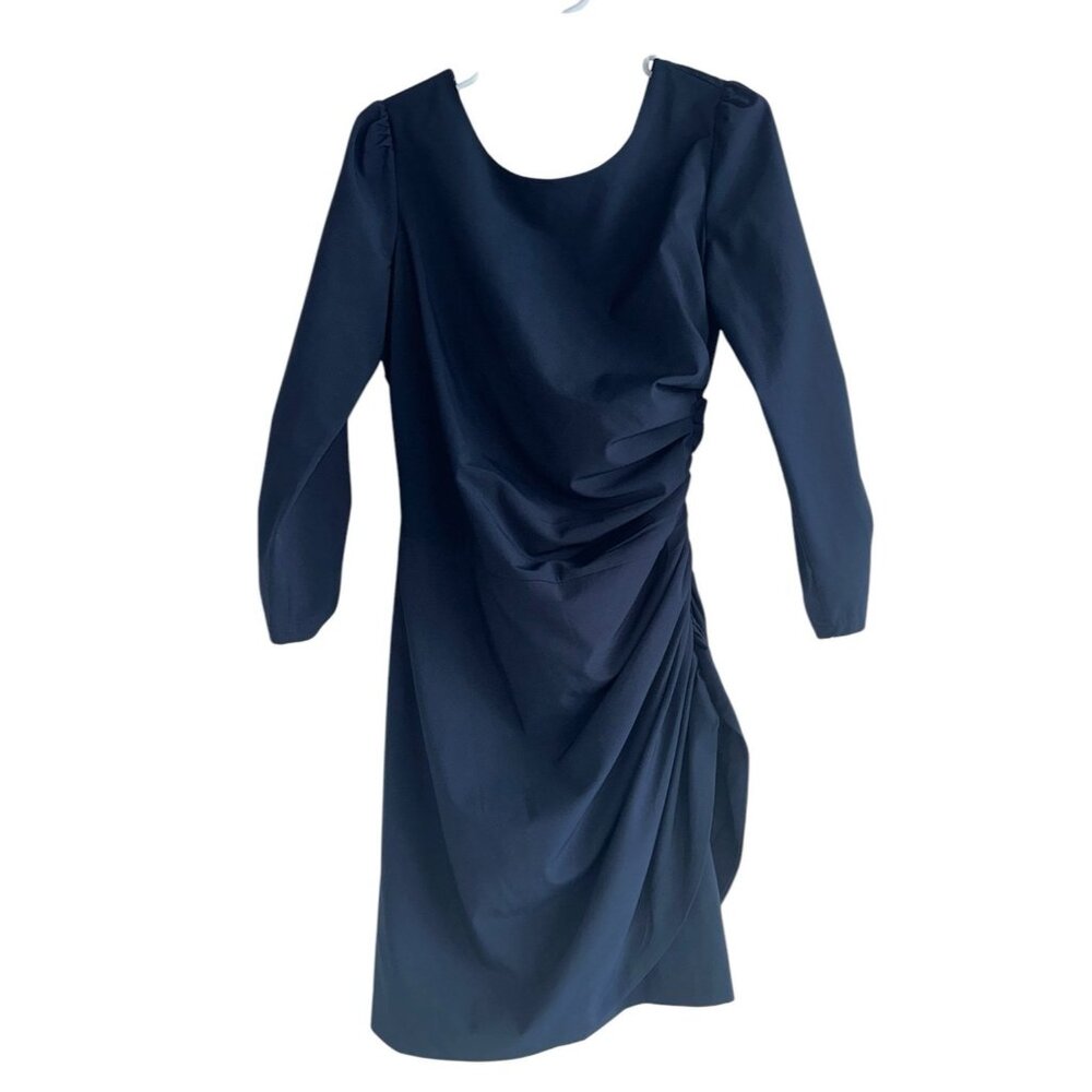 Arc & Co Womens Long Sleeve Mini Dress Sz L Navy Blue Open Back Ruched